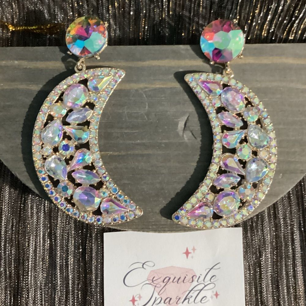 🌙💖Super Sparkly Celestial Iridescent Crystal Bead Post Drop Dangle Earri…